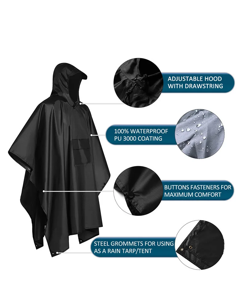 Camping Rain Poncho - 2026 Ponczo przeciwdeszczowe z kapturem 3-w-1